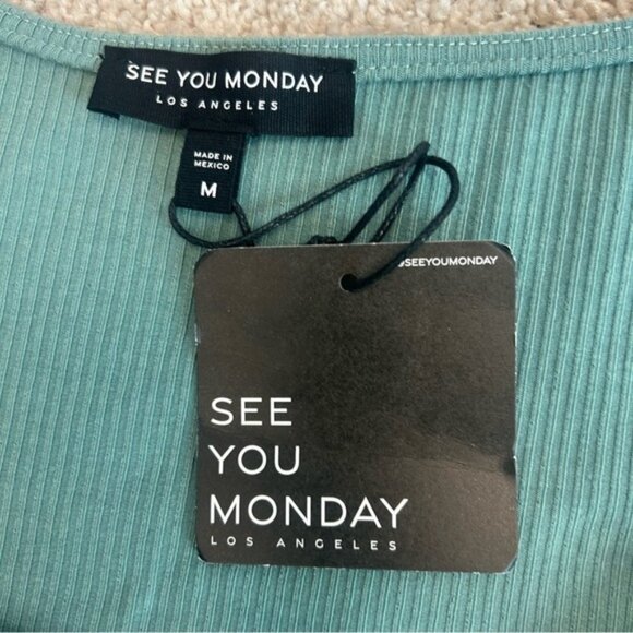 See You Monday dusty mint green ribbed front tie midi dress Sz M NWT - Picture 7 of 12